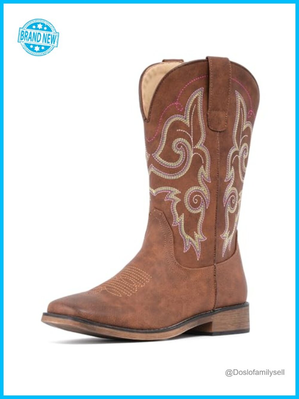 Cowboy Boots Square Toe Embroidered Faux Leather Mid Calf Western Wear